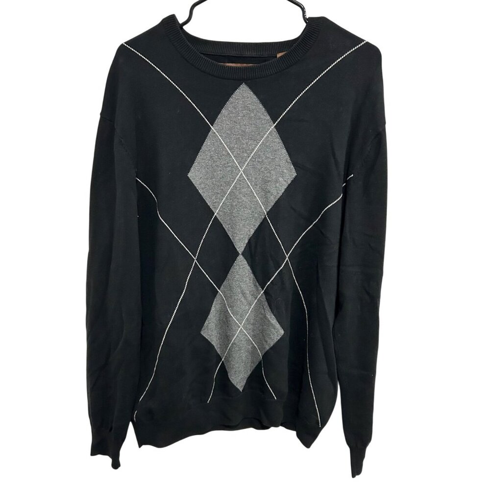 Perry Ellis Black Gray Argyle Sweater Cotton Crewneck Pullover Classic Fit Sz L